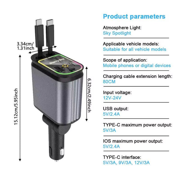 4 in 1 Car Charger with Starry Sky Spotlightretractable Car Charger with Charging Cable & 2Charging Ports, Universal Car Charger