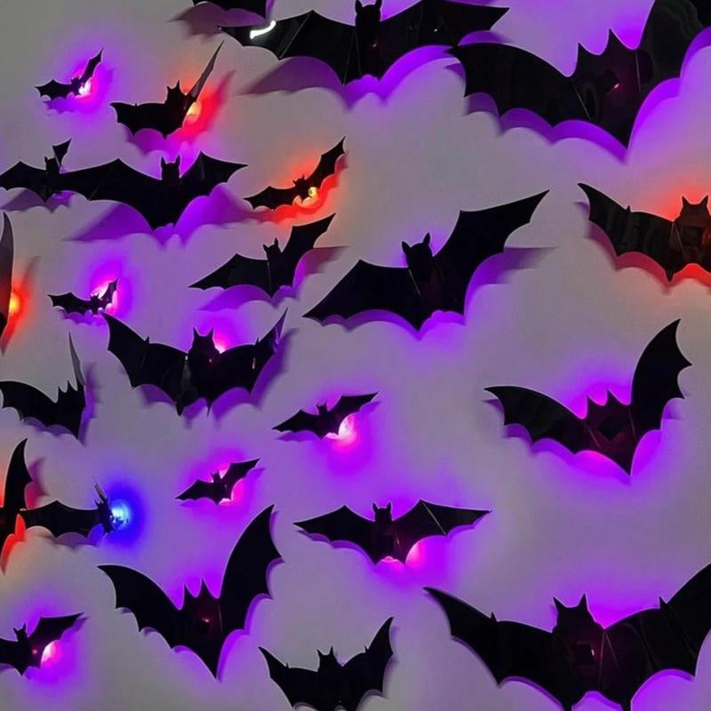 Bougerv 3D Bat Light Design LED Decorations 12Pcs/24Pcs Set Spooky Ornaments for Home Party Festival Halloween Easy Install Wall Stickers Smooth Application - Decorative