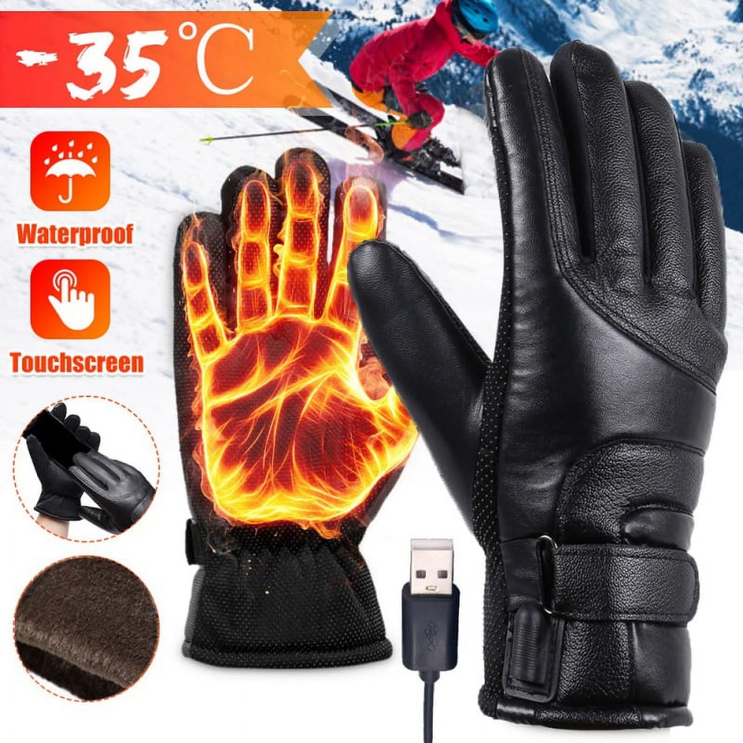 USB Plug Electric Heated Gloves with Touchscreen Finger for Men Women Winter Hands Warmer Thermal Gloves Windproof for Cold Weather Outdoor Activities